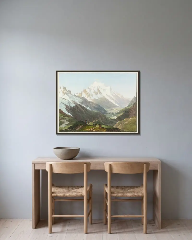 Vue du Mont-Blanc, prise du Sommet du Col de Balme av Jean-Antoine Linck inramad på en vägg
