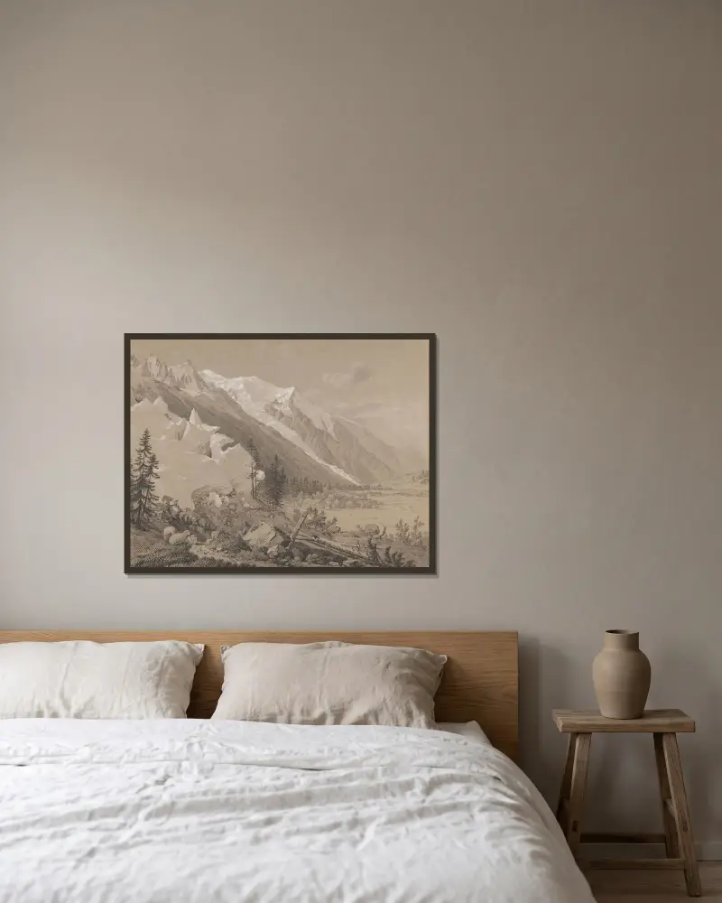 Vy över Mont Blanc av Jean-Antoine Linck inramad på en vägg