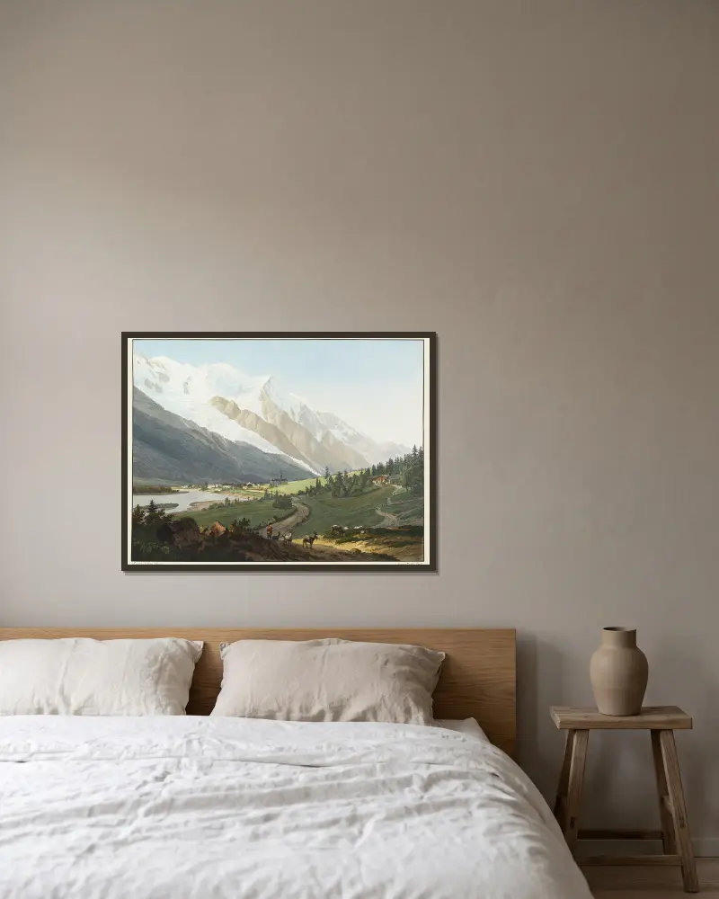 Blick auf das Priorat von Chamouni, den Mont-Blanc, die Aiguille du Gouté und den Glacier des Buissons von Jean-Antoine Linck gerahmt an einer Wand