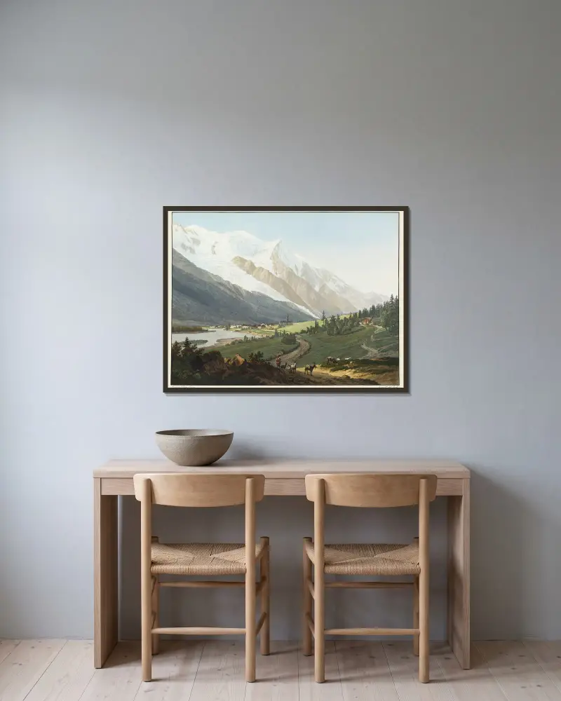 Blick auf das Priorat von Chamouni, den Mont-Blanc, die Aiguille du Gouté und den Glacier des Buissons von Jean-Antoine Linck gerahmt an einer Wand