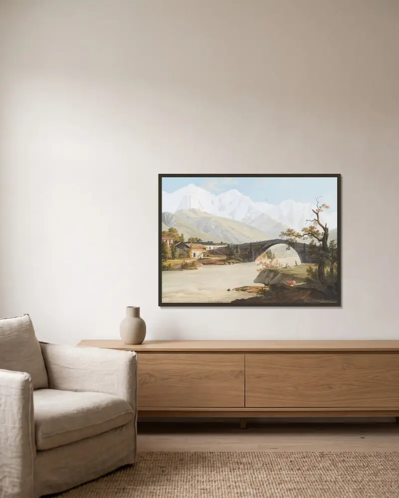 Vy över byn & Bron Saint-Martin, Mont Blanc och Bionnasse av Jean-Antoine Linck inramad på en vägg