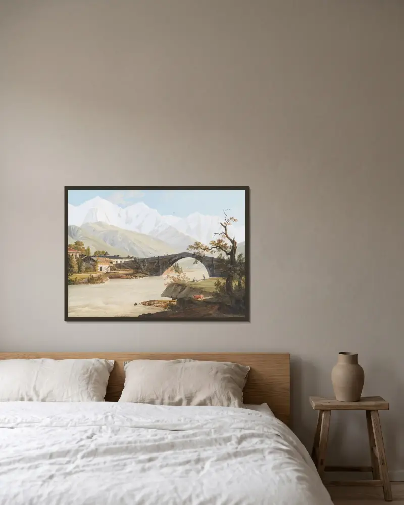 Vy över byn & Bron Saint-Martin, Mont Blanc och Bionnasse av Jean-Antoine Linck inramad på en vägg