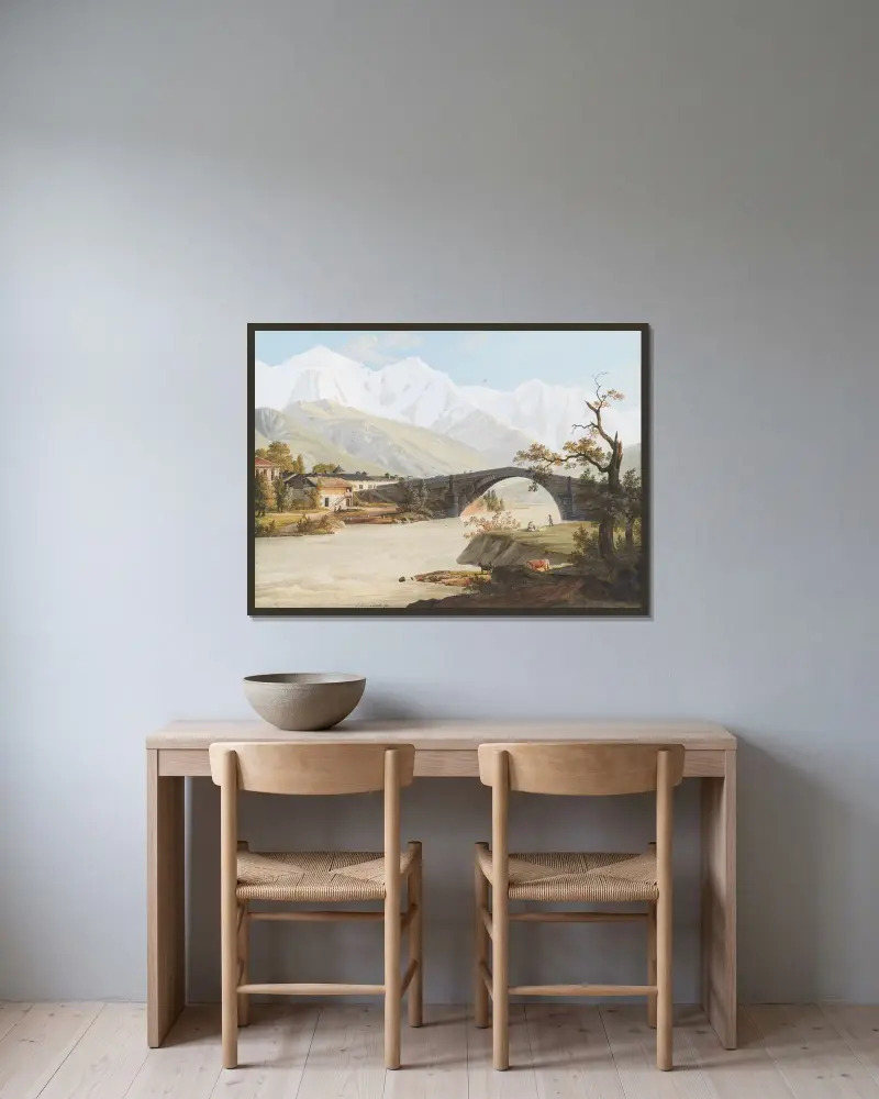 Vy över byn & Bron Saint-Martin, Mont Blanc och Bionnasse av Jean-Antoine Linck inramad på en vägg