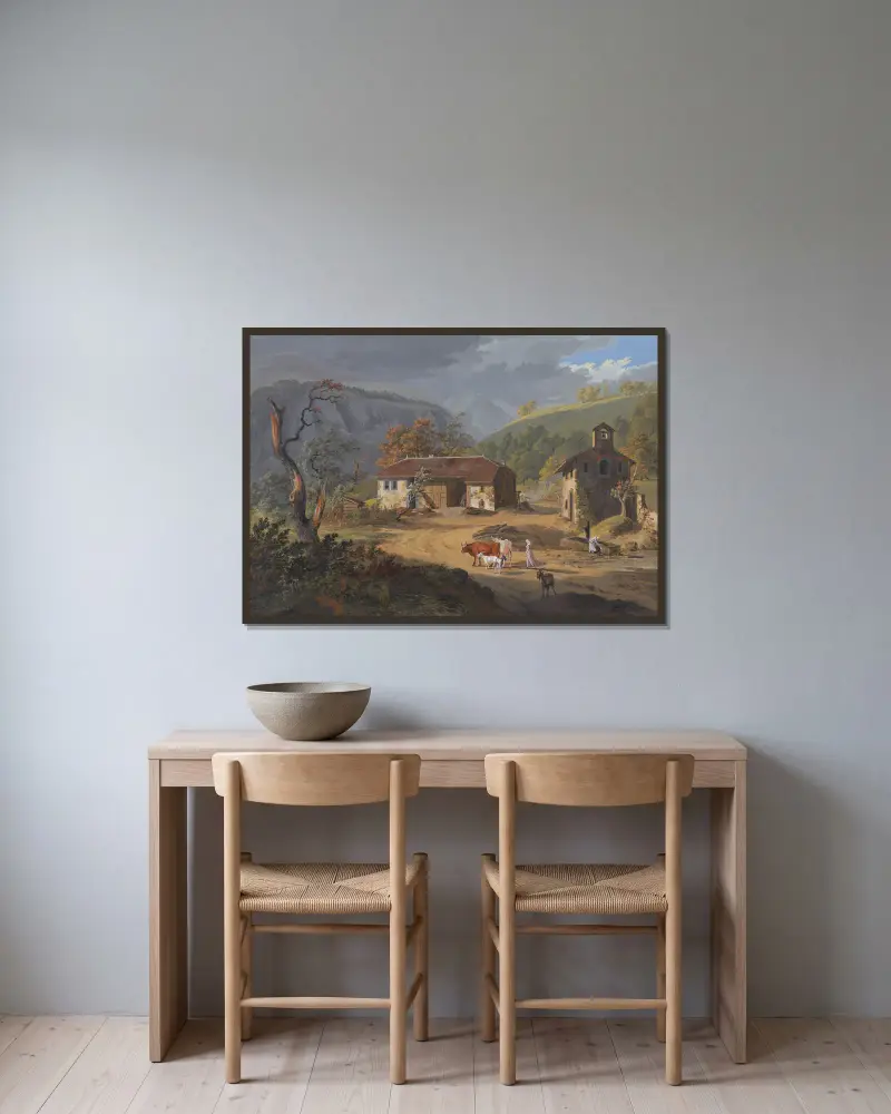 Vue d’une partie du Village de Clées, Canton de Berne av Jean-Antoine Linck inramad på en vägg