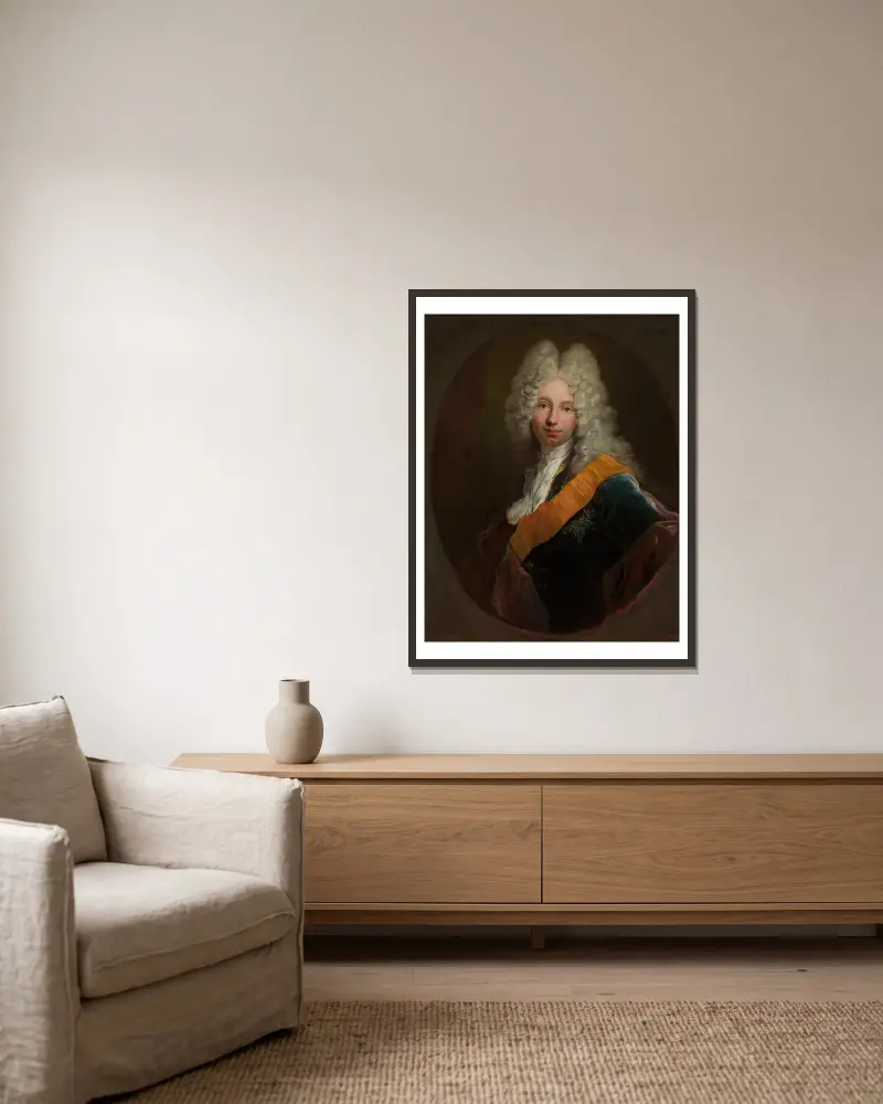 Friedrich Wilhelm Kettler (1692–1711) (Portrait of a man in a wig with the Black Eagle Order) av Antoine Pesne inramad på en vägg