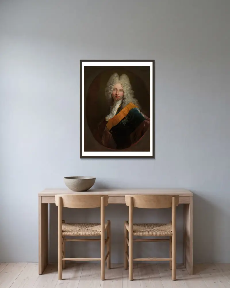 Friedrich Wilhelm Kettler (1692–1711) (Portrait of a man in a wig with the Black Eagle Order) av Antoine Pesne inramad på en vägg