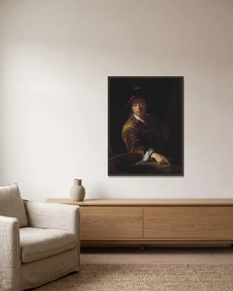 Portrait of a Painter (presumably C. L. Agricola, 1667-1719) av Antoine Pesne inramad på en vägg