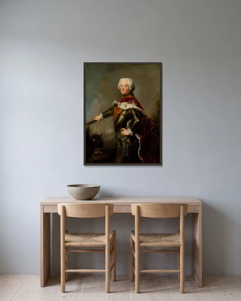 Portrait of Frederick II of Prussia av Antoine Pesne inramad på en vägg