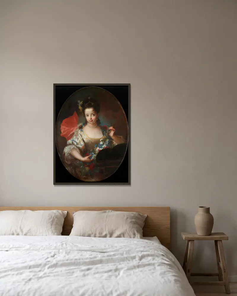 Portrait of Ursule-Anne Dubuisson av Antoine Pesne inramad på en vägg