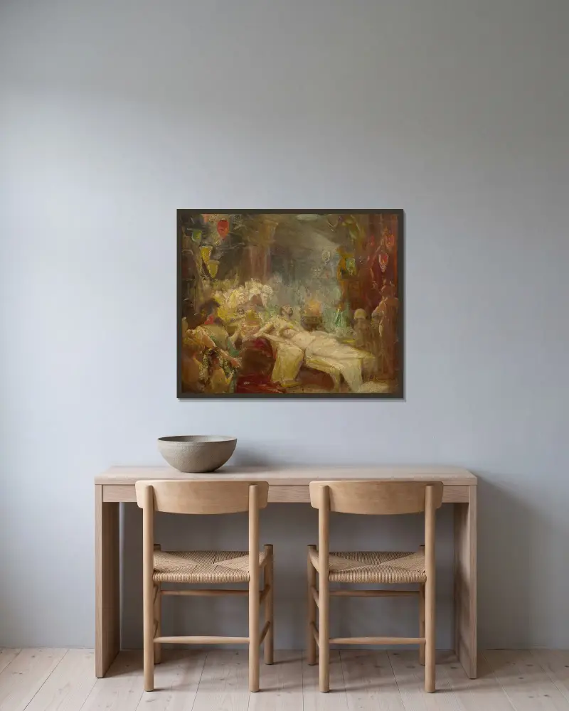 Haremsscen av Georges Antoine Rochegrosse inramad på en vägg