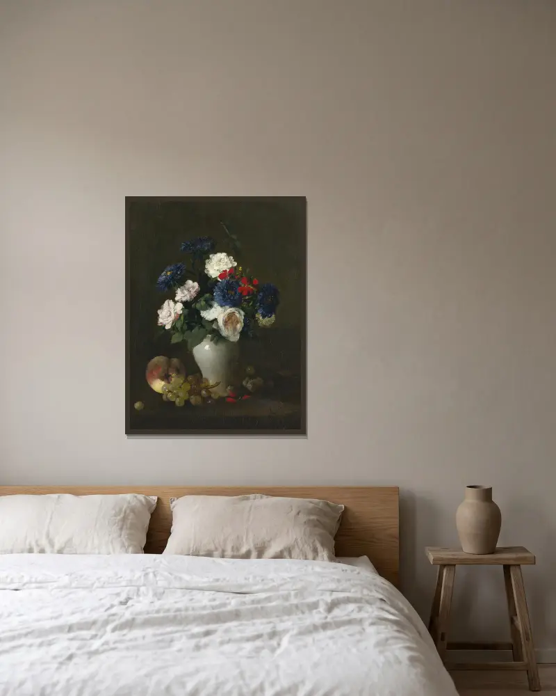Assorted Flowers in a Vase with Grapes and a Peach on a Table av Antoine Vollon inramad på en vägg