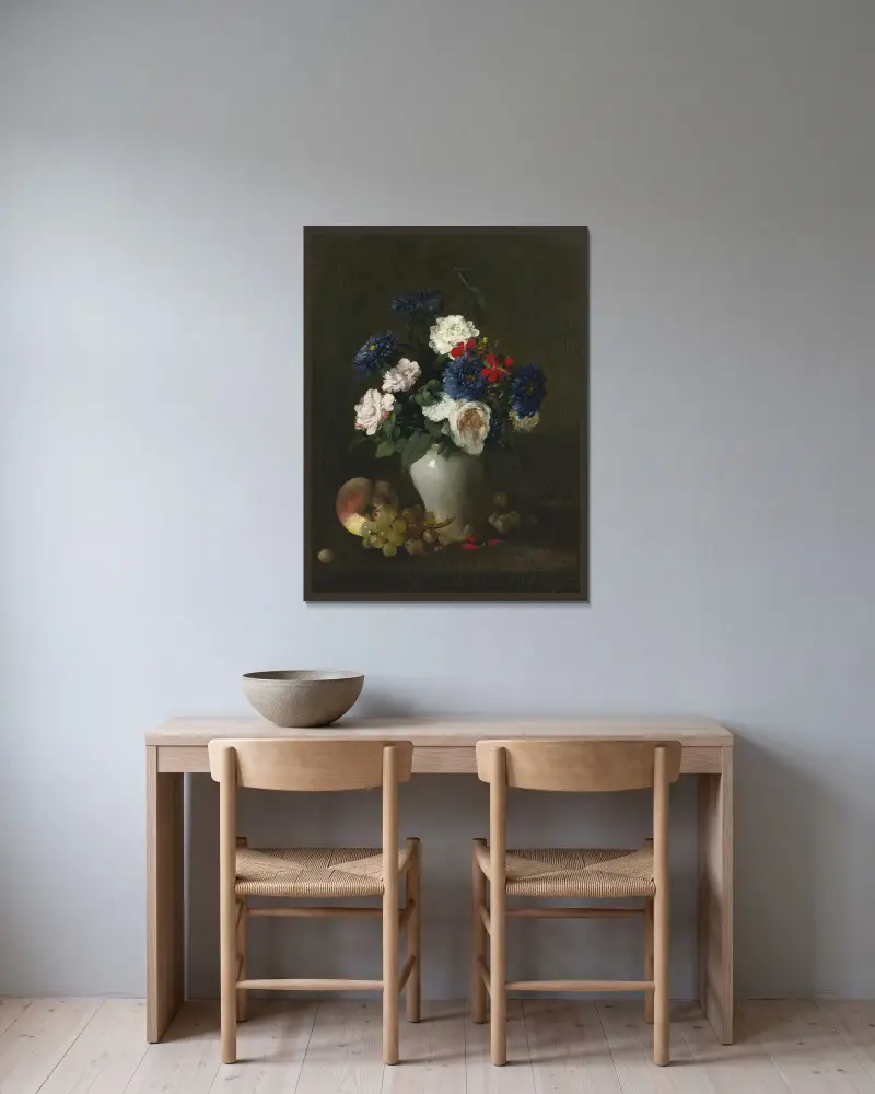 Assorted Flowers in a Vase with Grapes and a Peach on a Table av Antoine Vollon inramad på en vägg