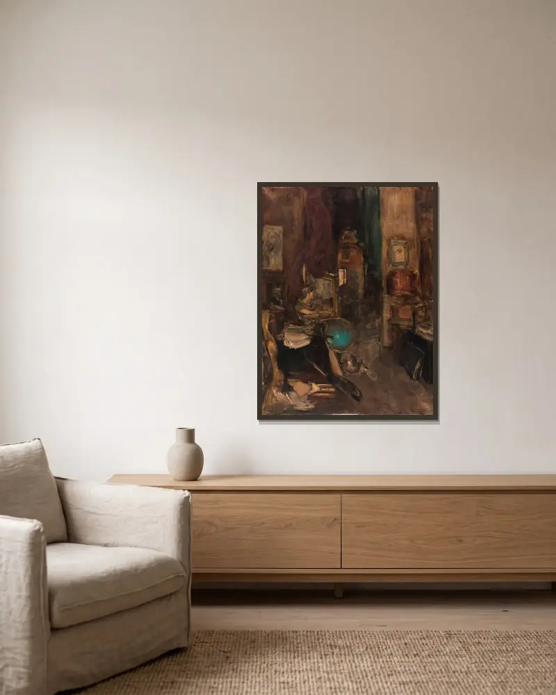 Coin d’atelier, boulevard de Clichy av Antoine Vollon inramad på en vägg