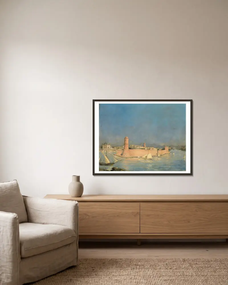 Marseilles Harbour with a Lighthouse av Antoine Vollon inramad på en vägg