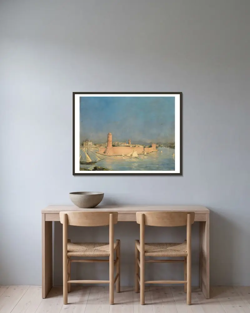 Marseilles Harbour with a Lighthouse av Antoine Vollon inramad på en vägg