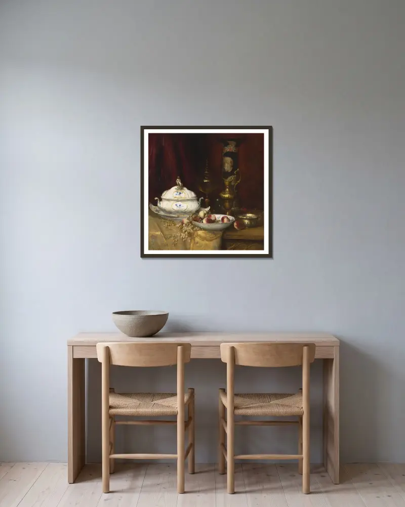 Still Life of Elegant Objects av Antoine Vollon inramad på en vägg