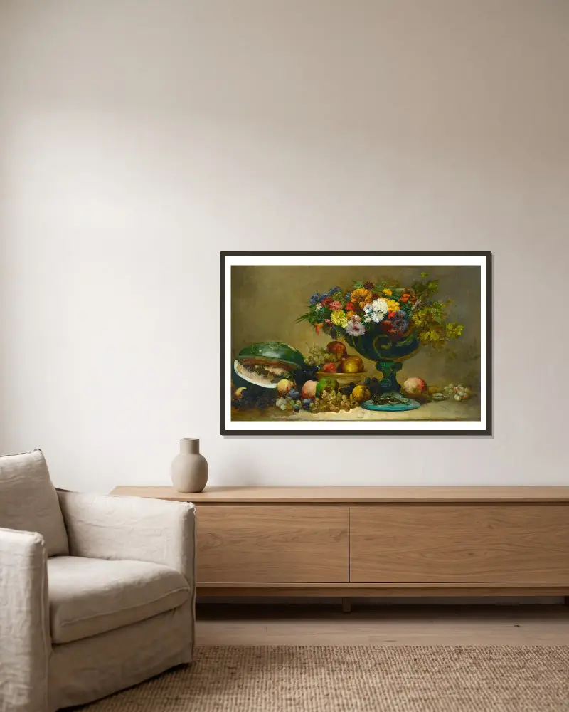 Still life of flowers and fruit av Antoine Vollon inramad på en vägg