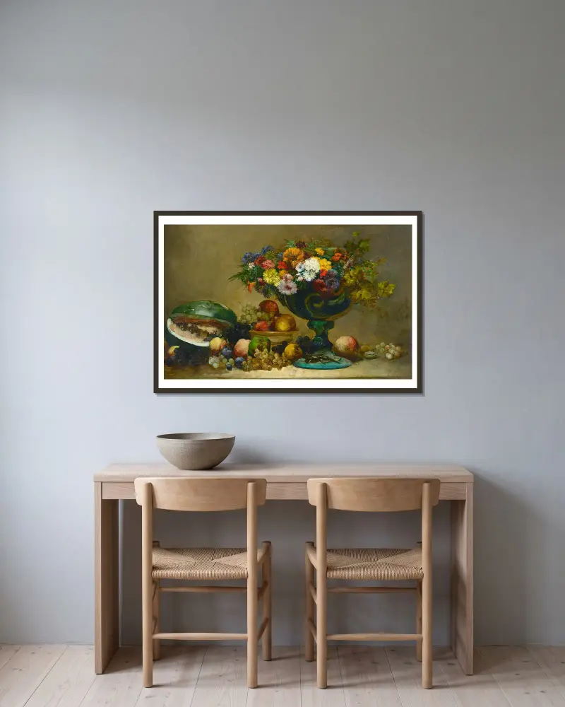 Still life of flowers and fruit av Antoine Vollon inramad på en vägg