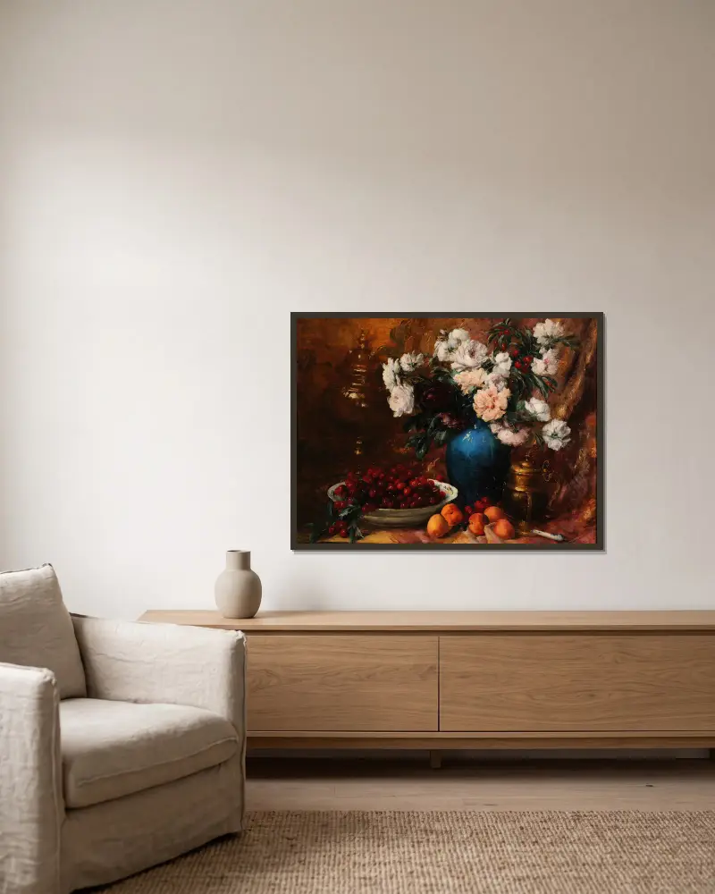 Vase, fleurs et fruits av Antoine Vollon inramad på en vägg