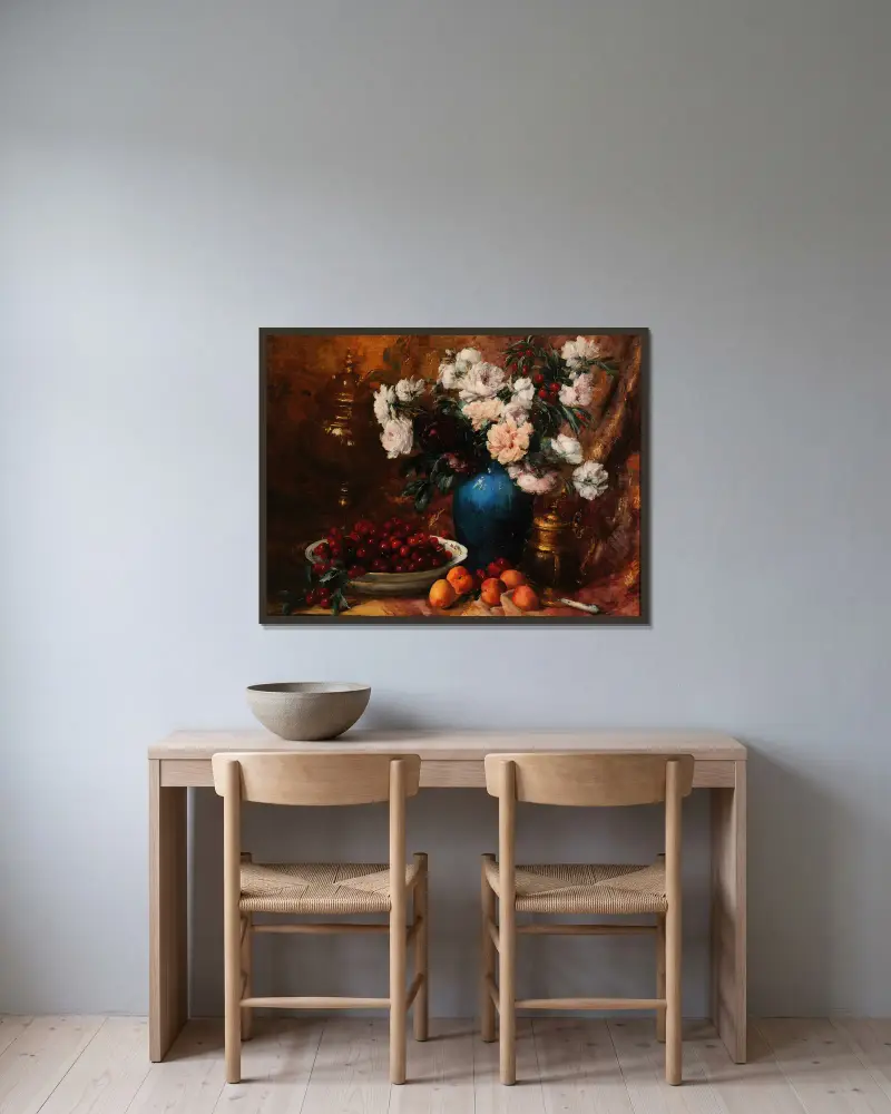 Vase, fleurs et fruits av Antoine Vollon inramad på en vägg