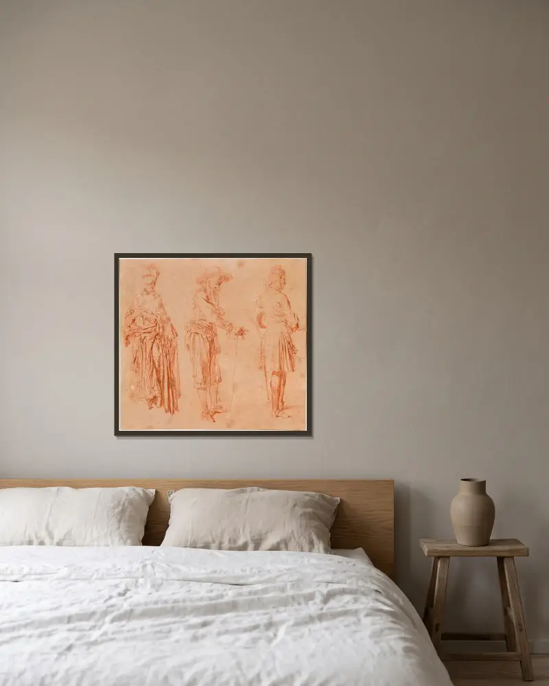 En dam och två herrar av Jean-Antoine Watteau inramad på en vägg