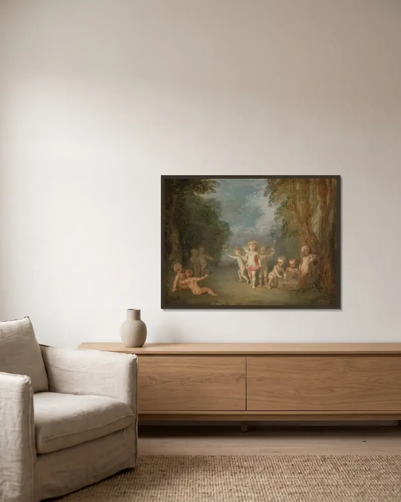 Kärlekens rike av Jean-Antoine Watteau inramad på en vägg