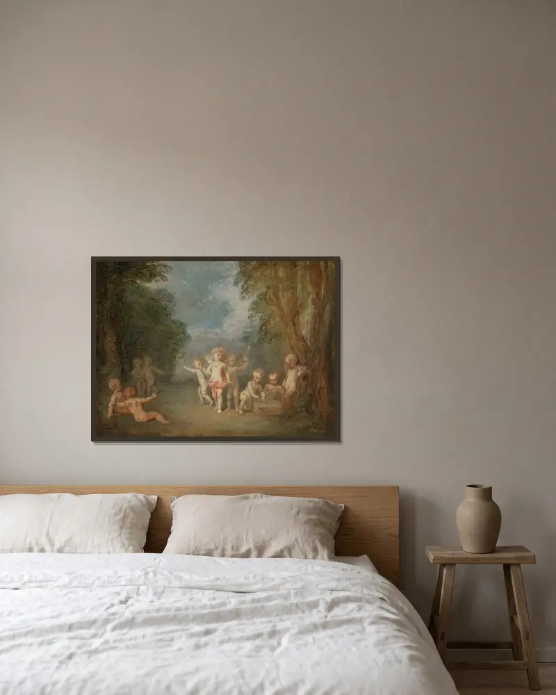 Kärlekens rike av Jean-Antoine Watteau inramad på en vägg