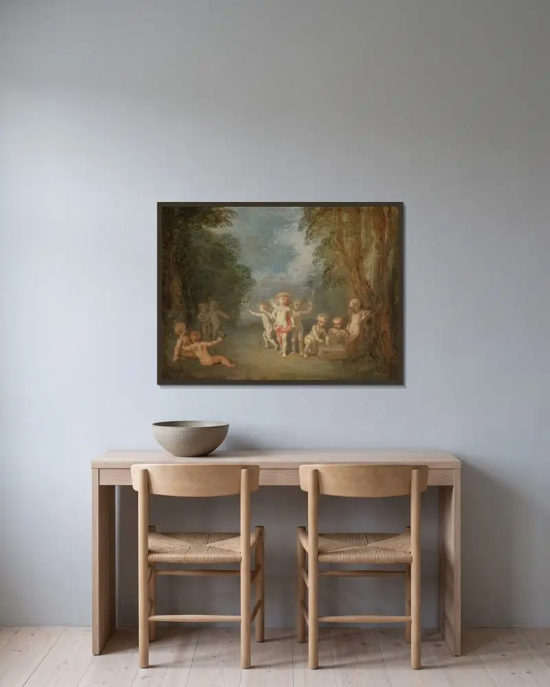 Kärlekens rike av Jean-Antoine Watteau inramad på en vägg