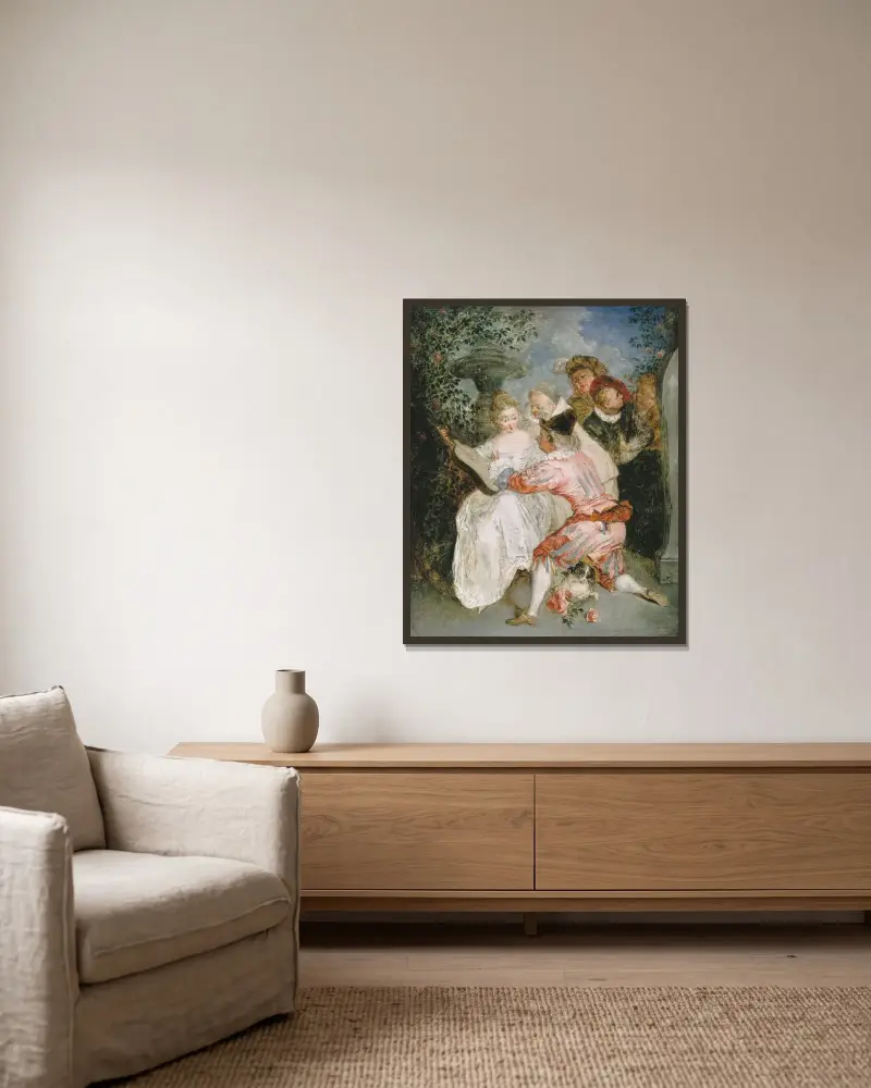De verteller av Jean-Antoine Watteau inramad på en vägg