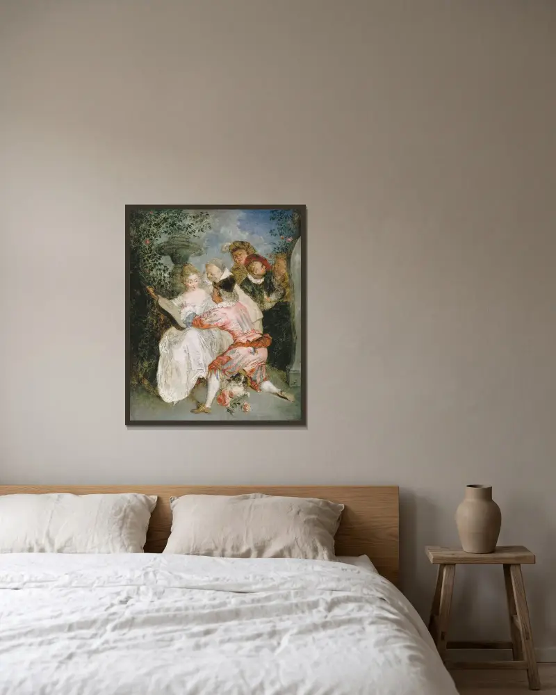 De verteller av Jean-Antoine Watteau inramad på en vägg