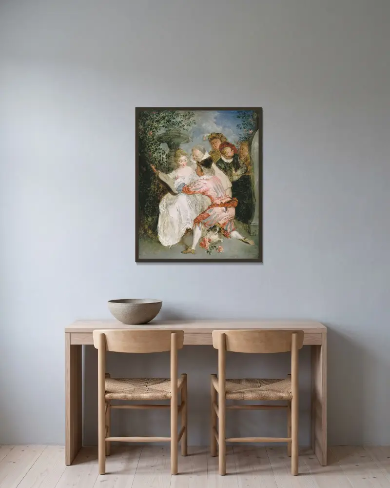 De verteller av Jean-Antoine Watteau inramad på en vägg