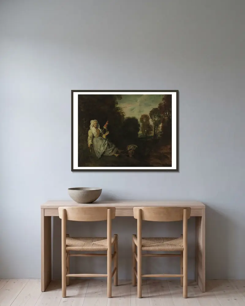 Evening Landscape with Spinner – nr 1 av Jean-Antoine Watteau inramad på en vägg