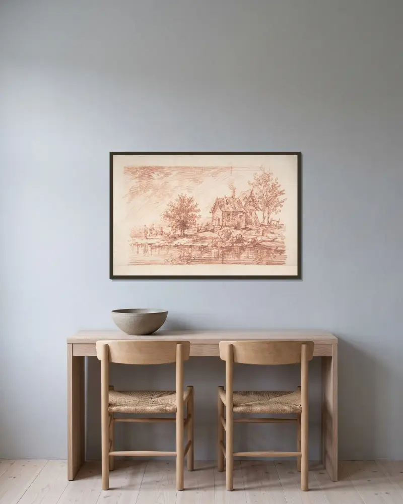 Bondgård vid en flod, två figurer till vänster av Jean-Antoine Watteau inramad på en vägg