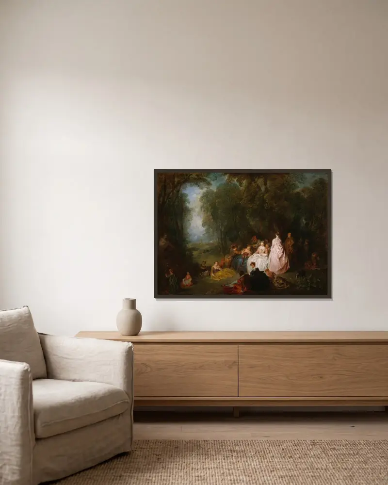 Lantlig fest (herdestrån) av Jean-Antoine Watteau inramad på en vägg