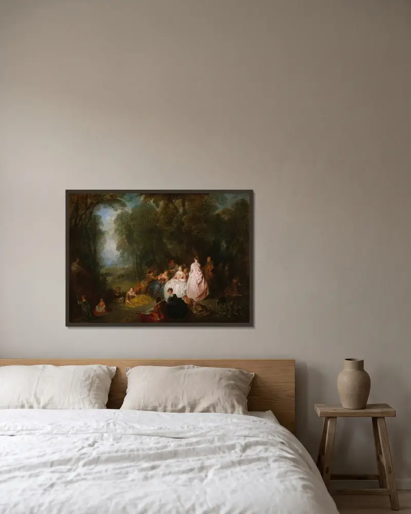 Lantlig fest (herdestrån) av Jean-Antoine Watteau inramad på en vägg