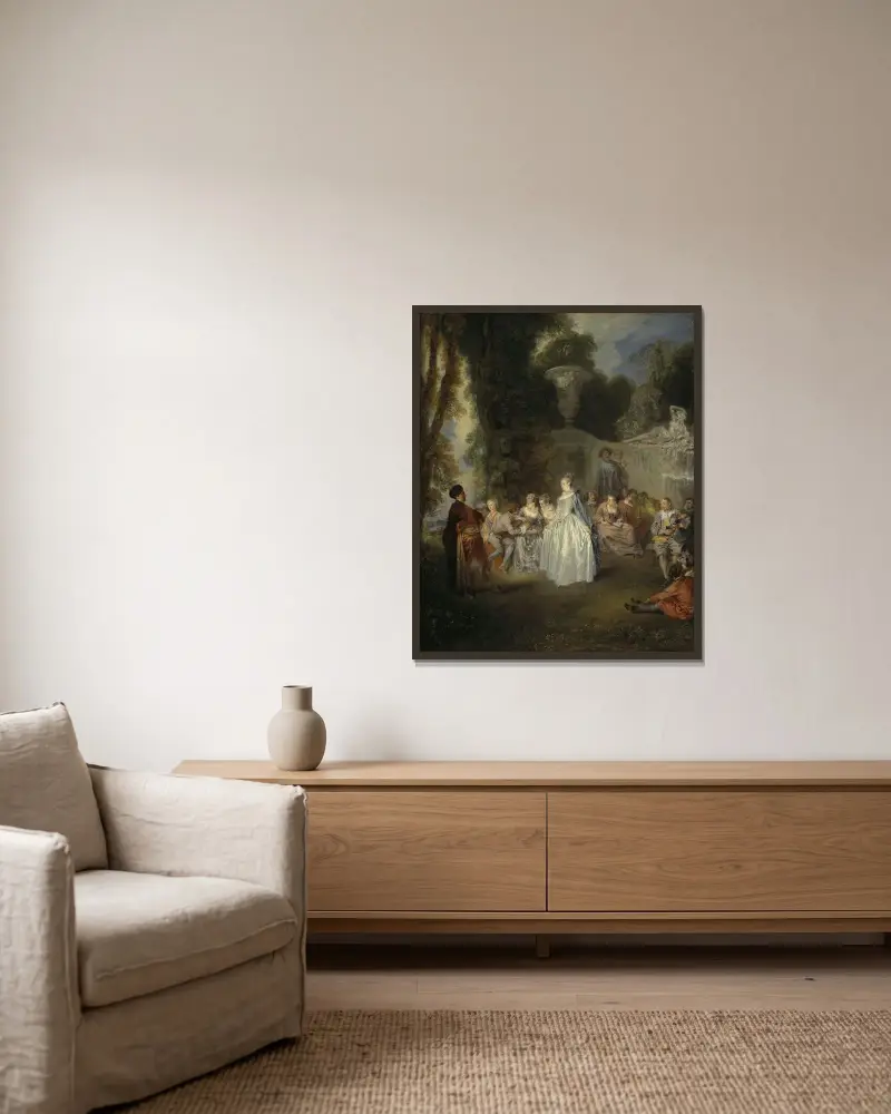 Venetianska fester av Jean-Antoine Watteau inramad på en vägg