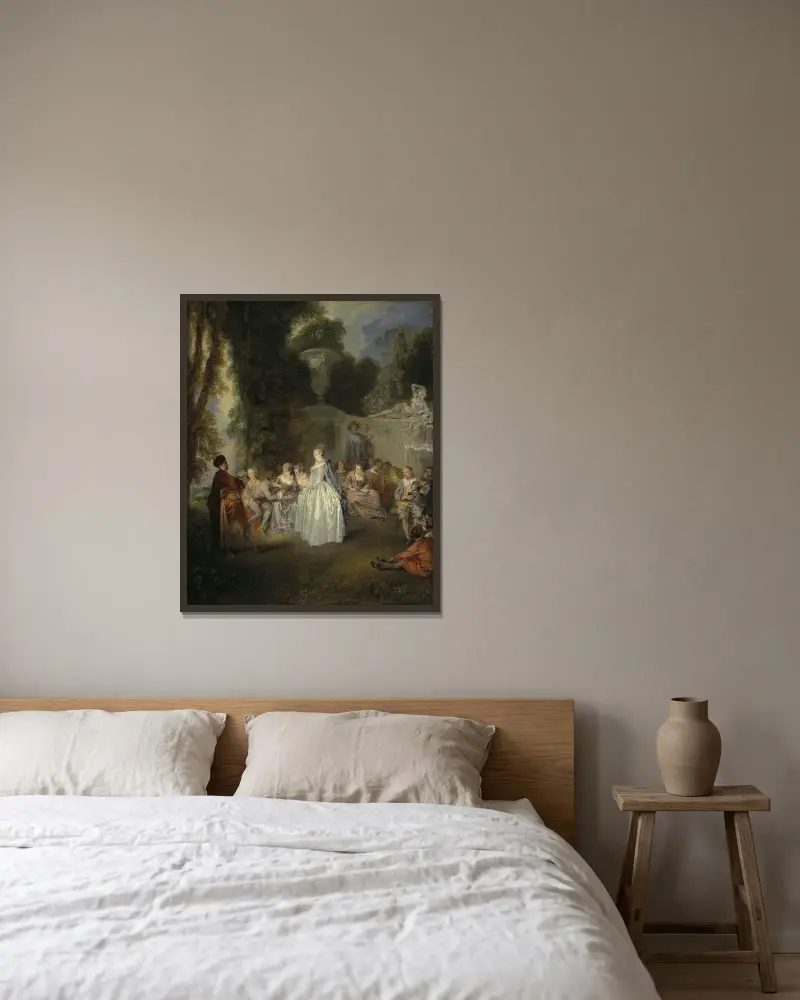 Venetianska fester av Jean-Antoine Watteau inramad på en vägg