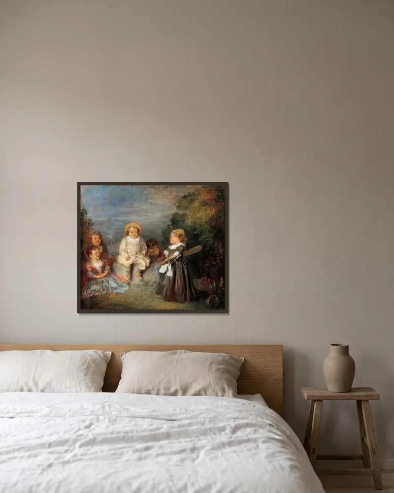 Lyckliga tid! Gyllene ålder av Jean-Antoine Watteau inramad på en vägg