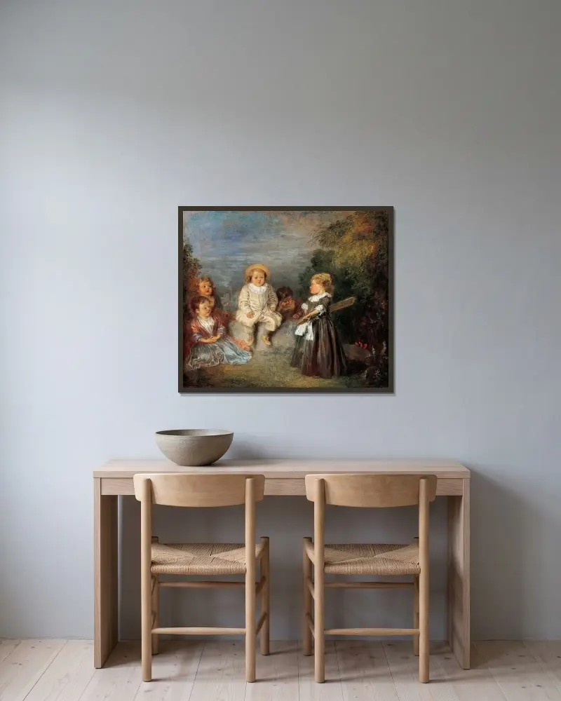 Lyckliga tid! Gyllene ålder av Jean-Antoine Watteau inramad på en vägg