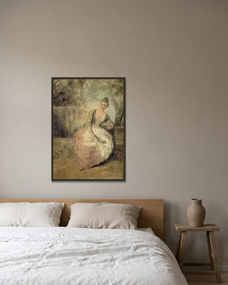 L’Amante inquiète av Jean-Antoine Watteau inramad på en vägg