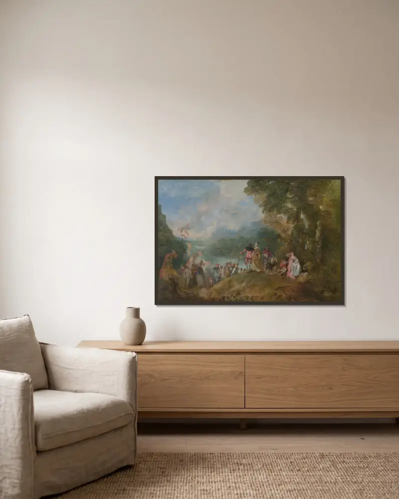 L’Embarquement pour Cythere av Jean-Antoine Watteau inramad på en vägg