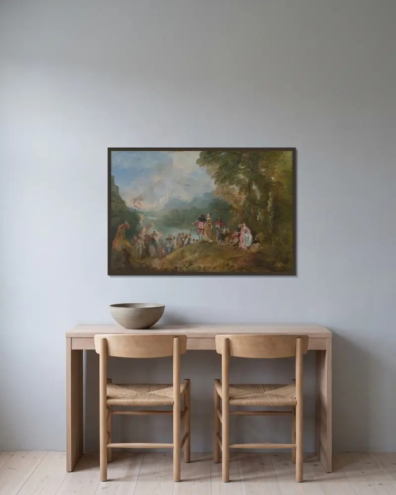 L’Embarquement pour Cythere av Jean-Antoine Watteau inramad på en vägg