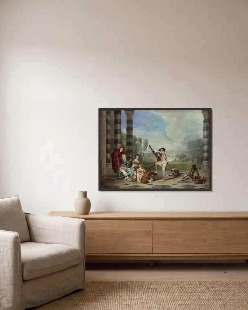 Livets behag av Jean-Antoine Watteau inramad på en vägg