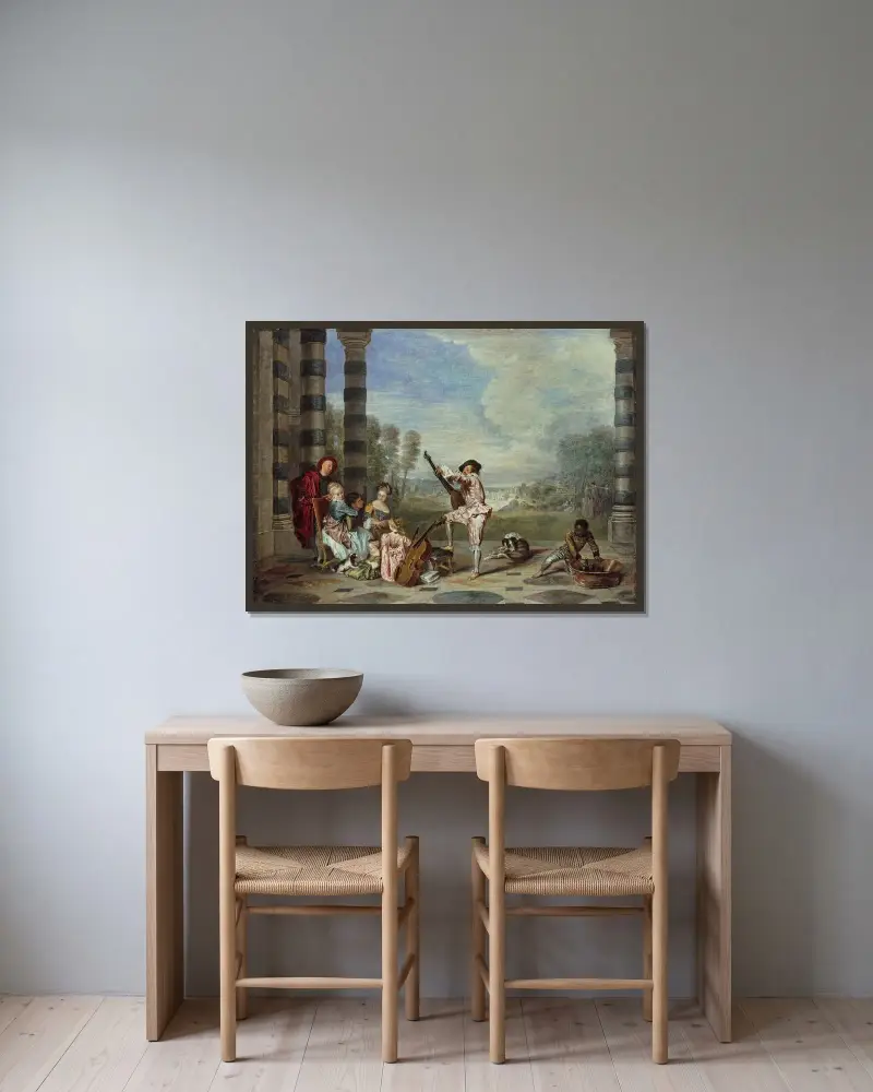 Livets behag av Jean-Antoine Watteau inramad på en vägg