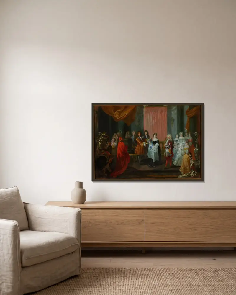 Ludwik XIV nadaje księciu Burgundii Order Cordon Bleu, ojcu Ludwika XV, Jean-Antoine Watteau w ramie na ścianie