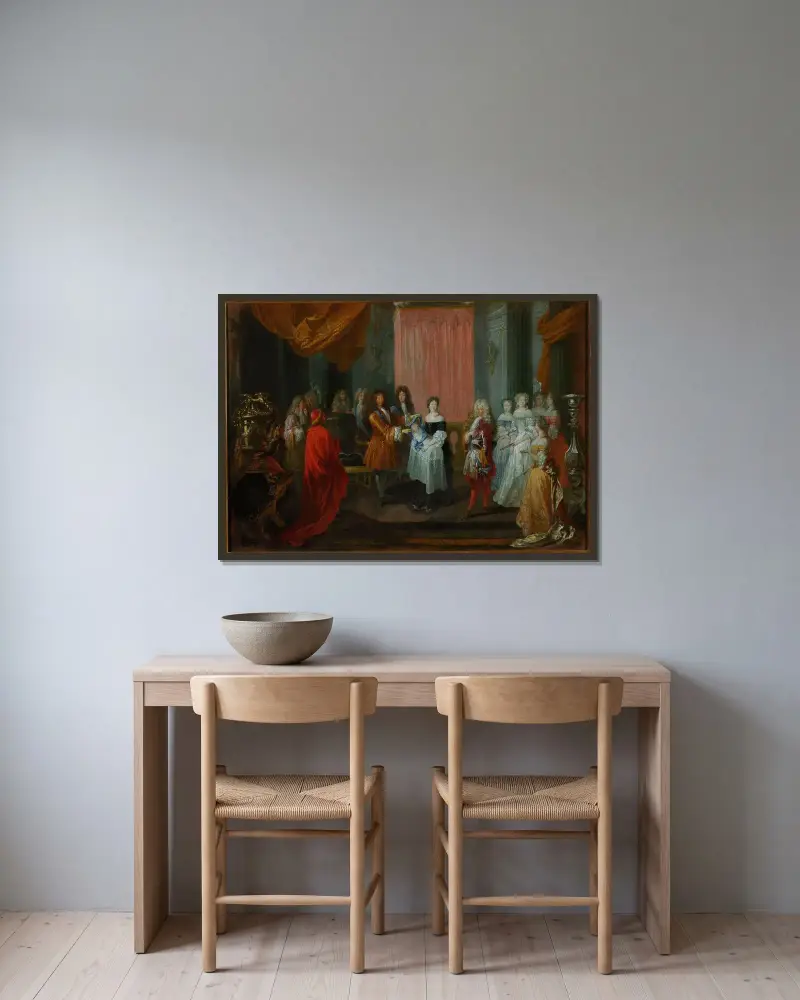 Ludwik XIV nadaje księciu Burgundii Order Cordon Bleu, ojcu Ludwika XV, Jean-Antoine Watteau w ramie na ścianie