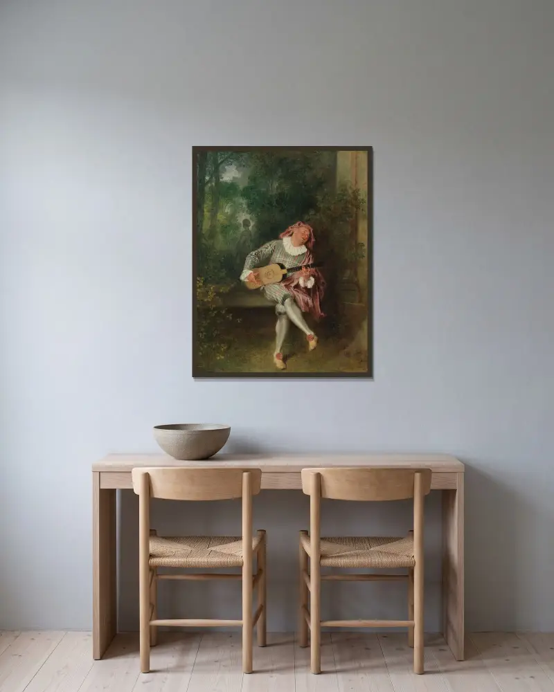 Mezzetin av Jean-Antoine Watteau inramad på en vägg
