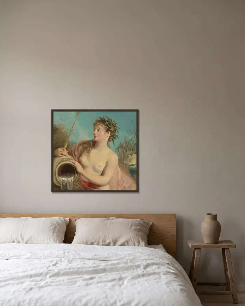 Källnymfen av Jean-Antoine Watteau inramad på en vägg