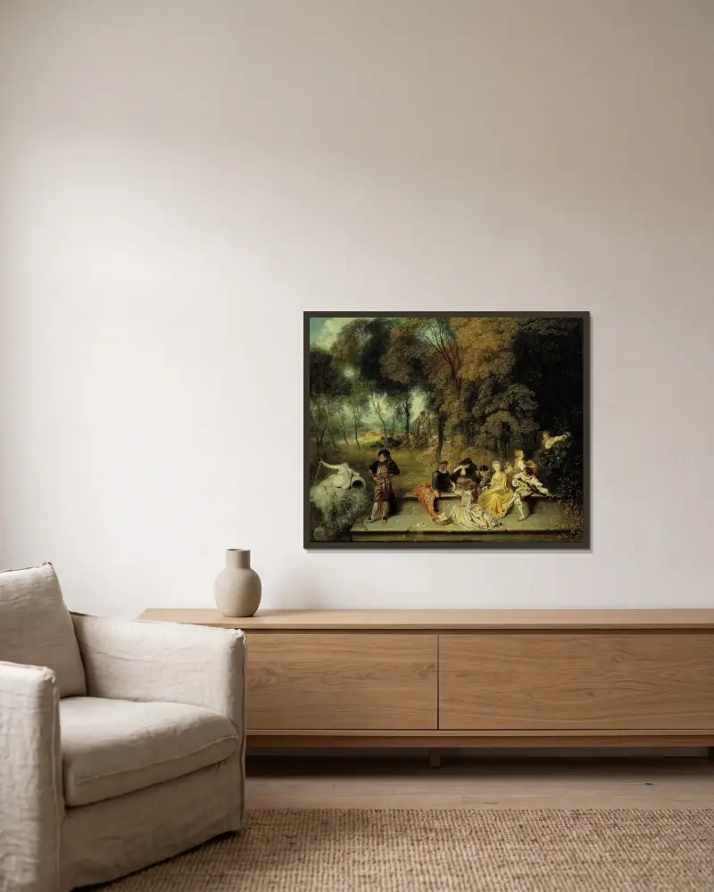 Kärlekens nöjen av Jean-Antoine Watteau inramad på en vägg