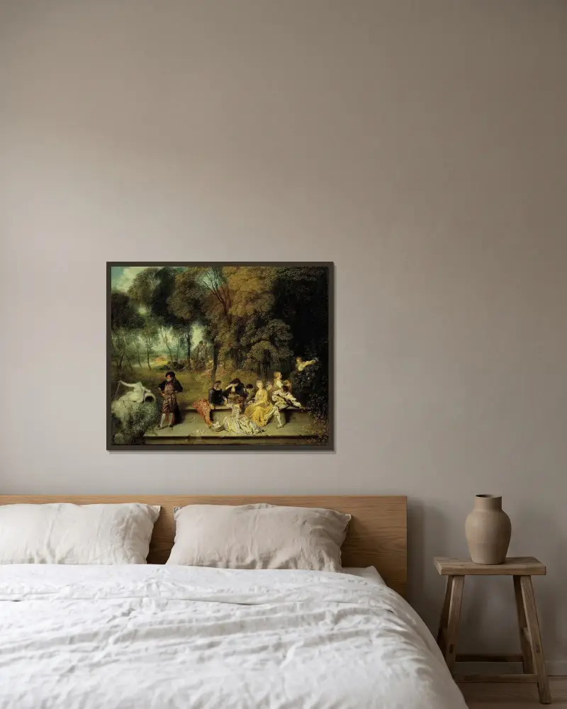 Kärlekens nöjen av Jean-Antoine Watteau inramad på en vägg